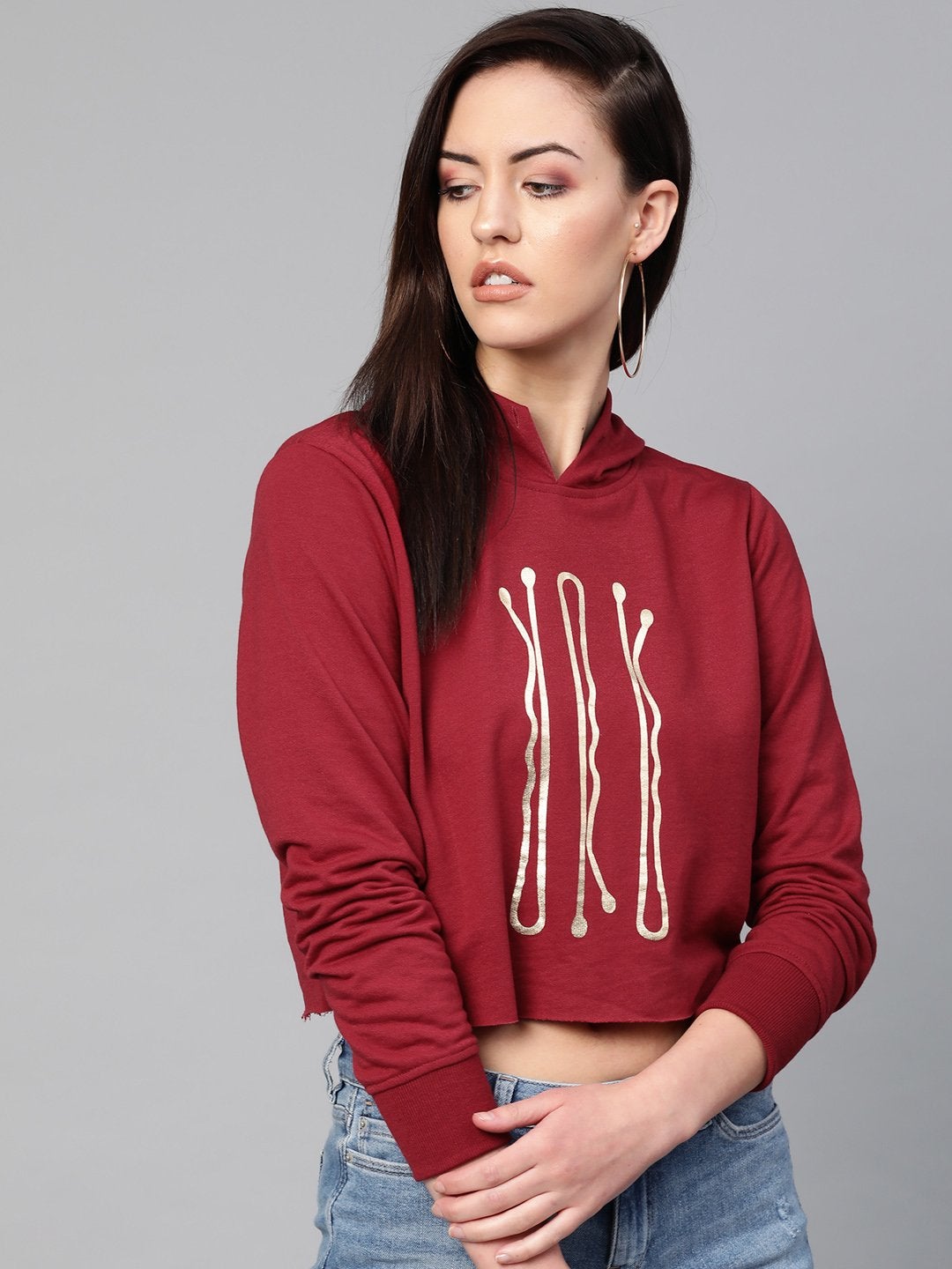 Women's Maroon Hair Pin Print Crop Hoodie - SASSAFRAS