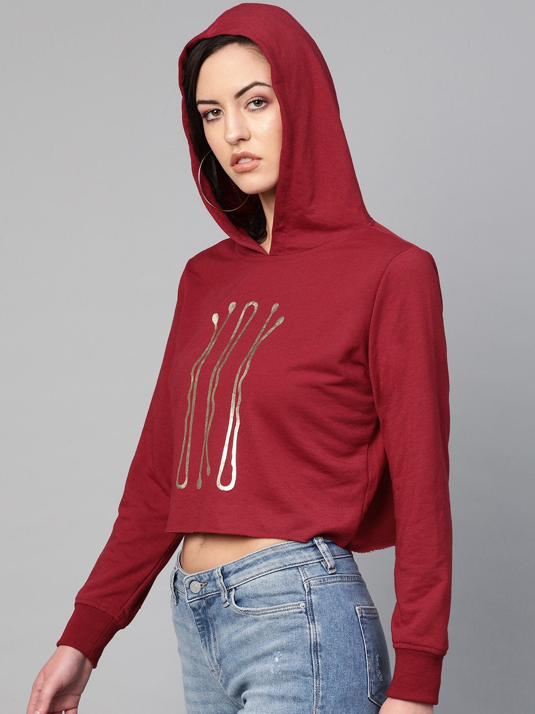 Women's Maroon Hair Pin Print Crop Hoodie - SASSAFRAS