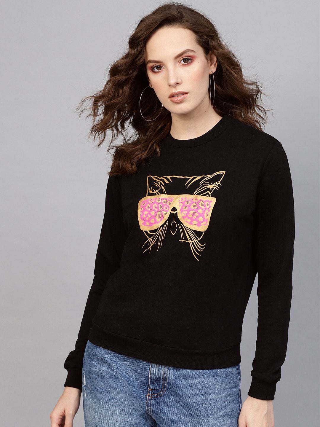 Women's Black Kitty Face Sweatshirt - SASSAFRAS