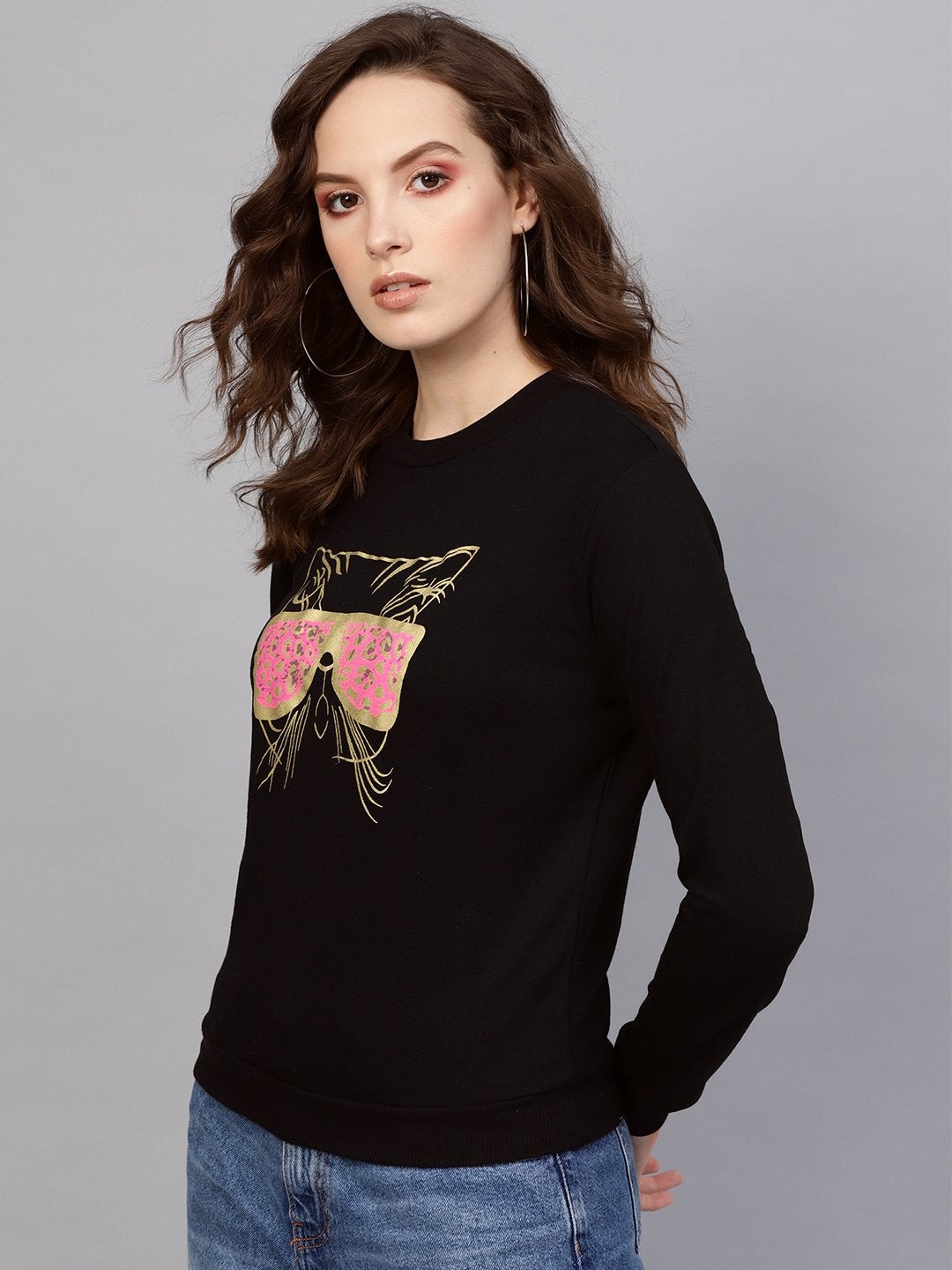 Women's Black Kitty Face Sweatshirt - SASSAFRAS