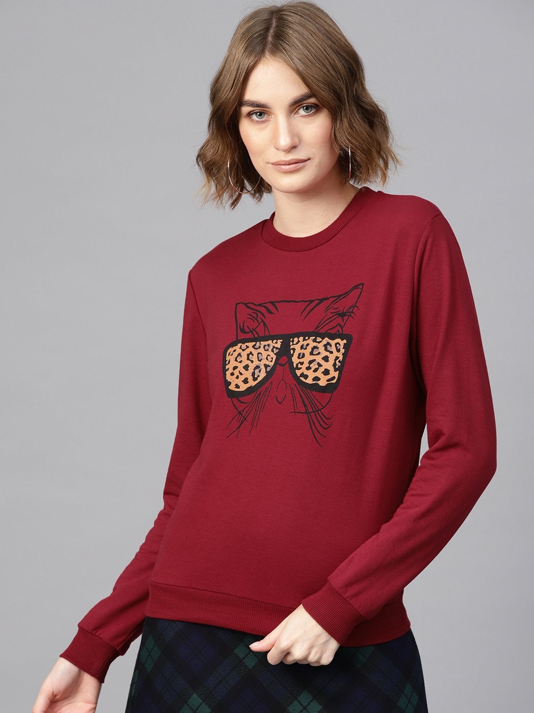 Women's Maroon Kitty Face Sweatshirt - SASSAFRAS