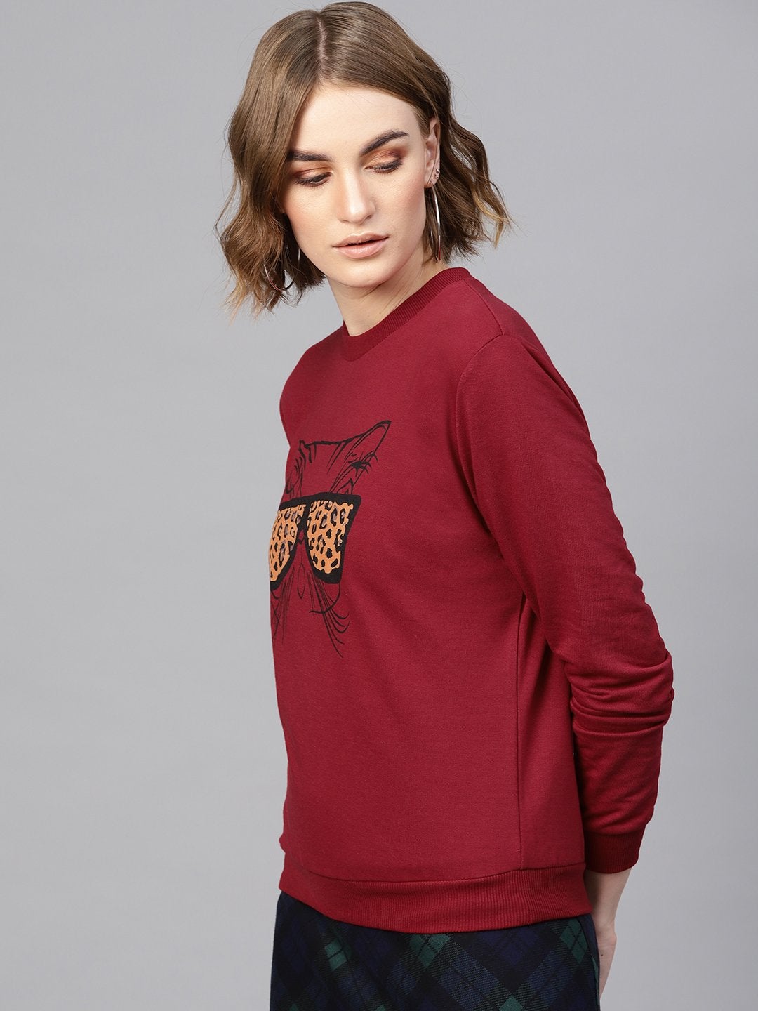 Women's Maroon Kitty Face Sweatshirt - SASSAFRAS