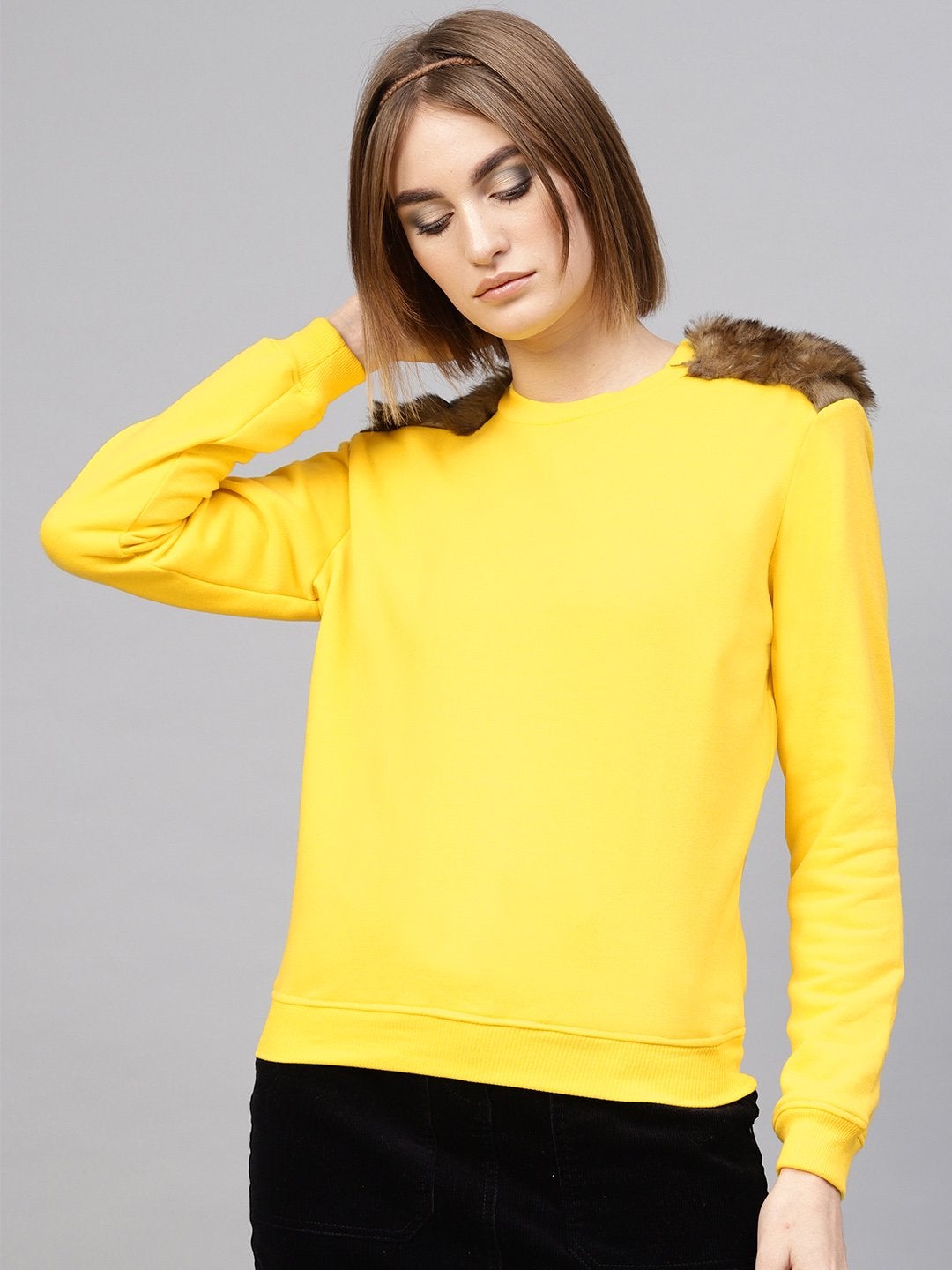 Women's Yellow Fur Shoulder Patch Sweatshirt - SASSAFRAS