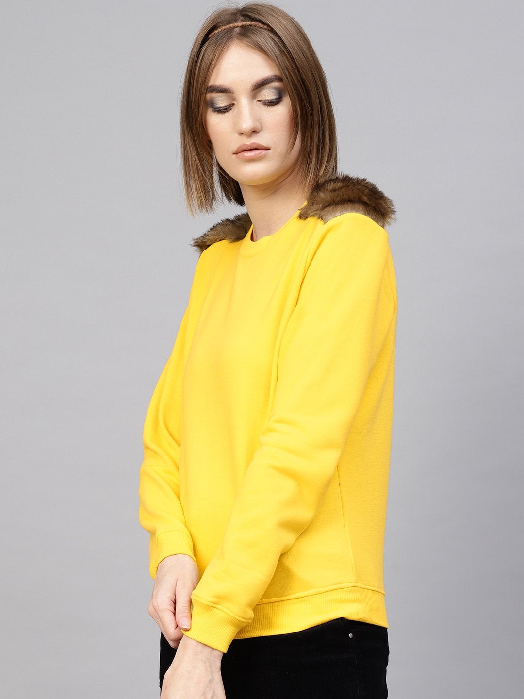 Women's Yellow Fur Shoulder Patch Sweatshirt - SASSAFRAS