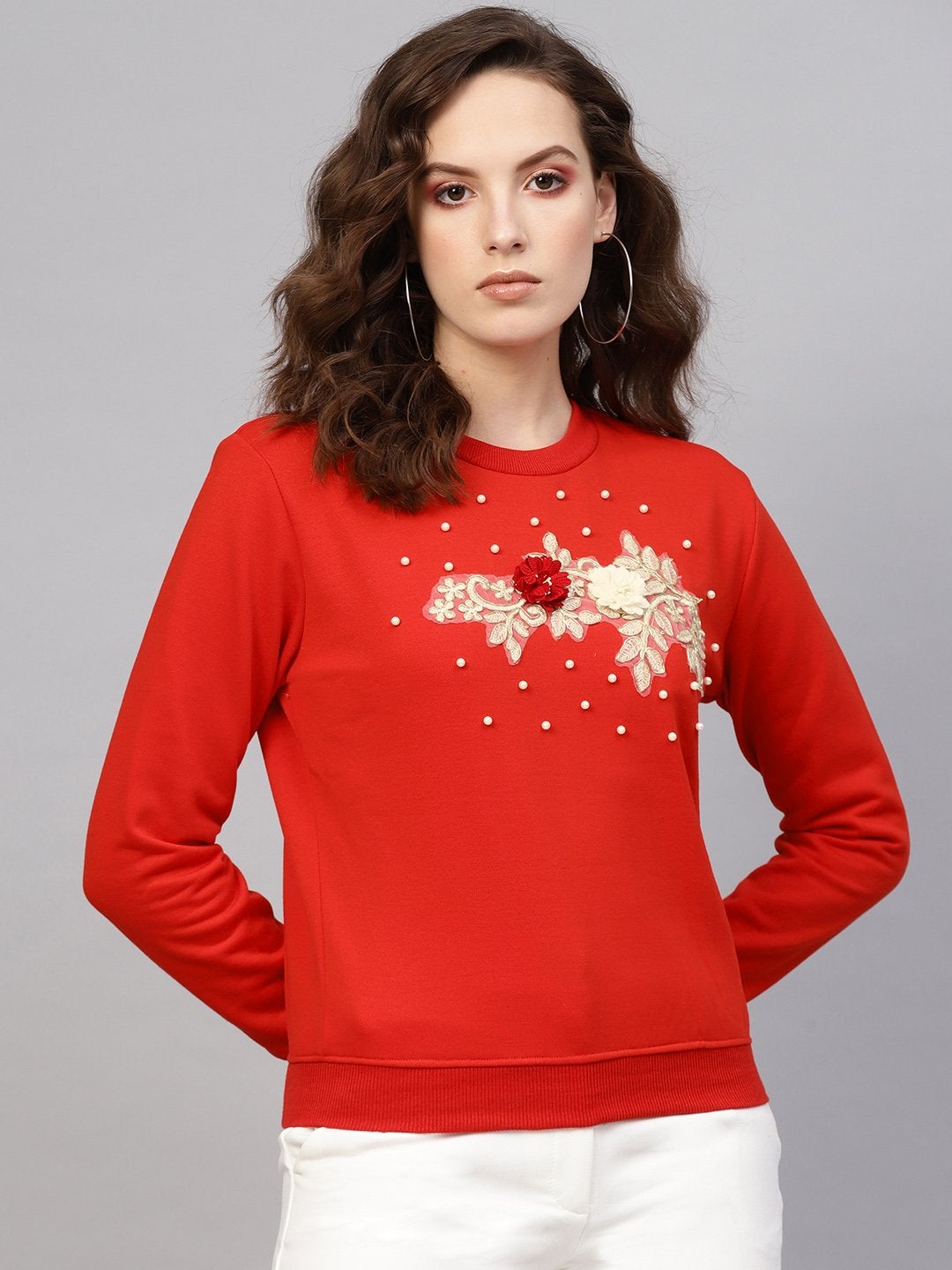 Women's Red Floral Front Patch Sweatshirt - SASSAFRAS