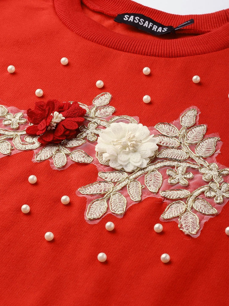 Women's Red Floral Front Patch Sweatshirt