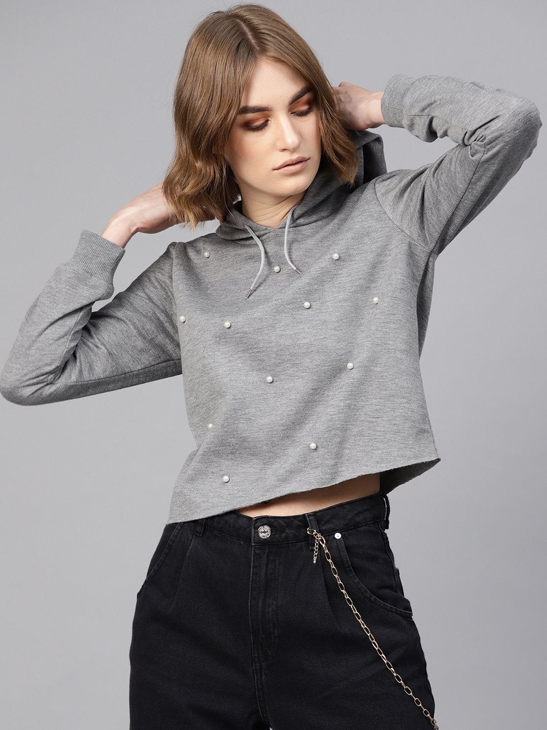 Women's Grey Pearl Crop Hoodie - SASSAFRAS