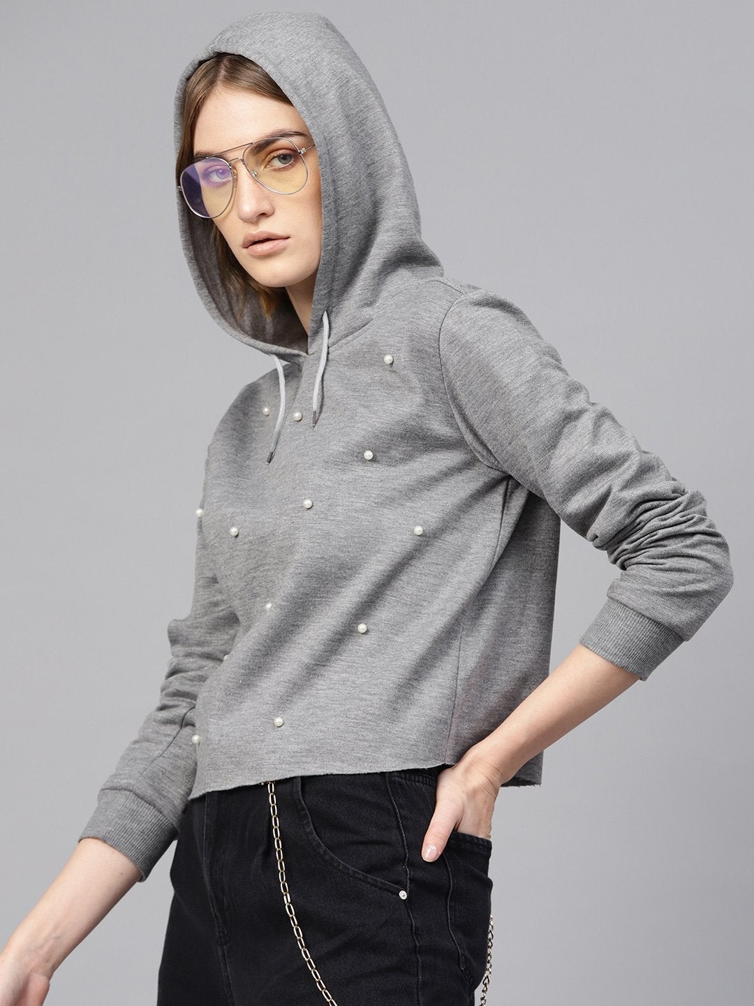 Women's Grey Pearl Crop Hoodie - SASSAFRAS