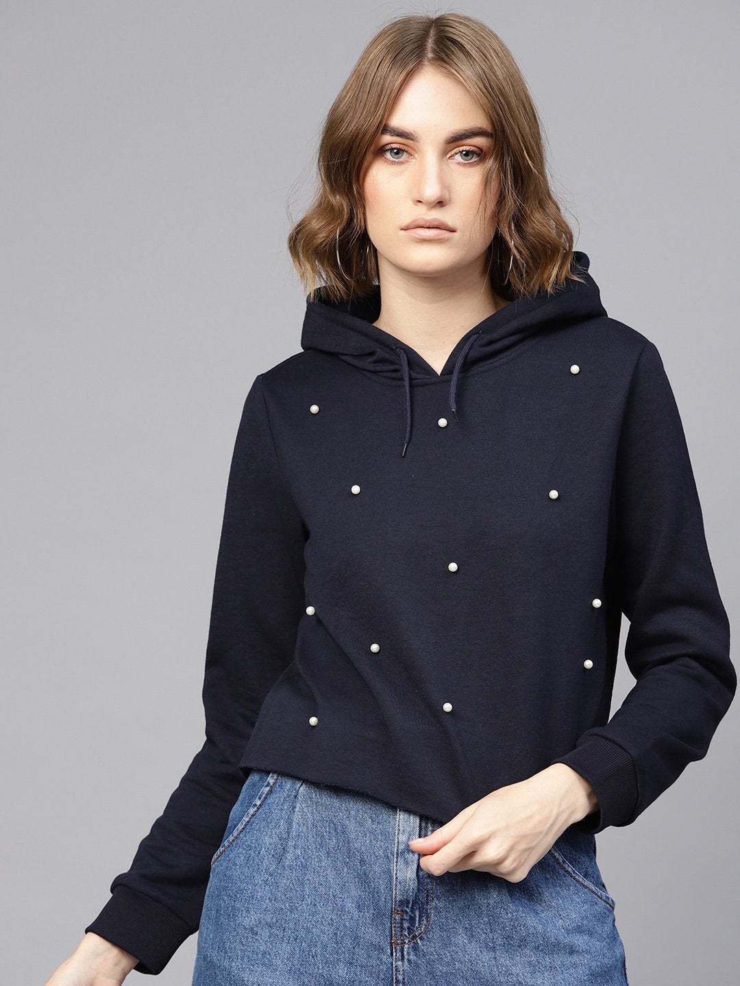 Women's Navy Pearl Crop Hoodie - SASSAFRAS