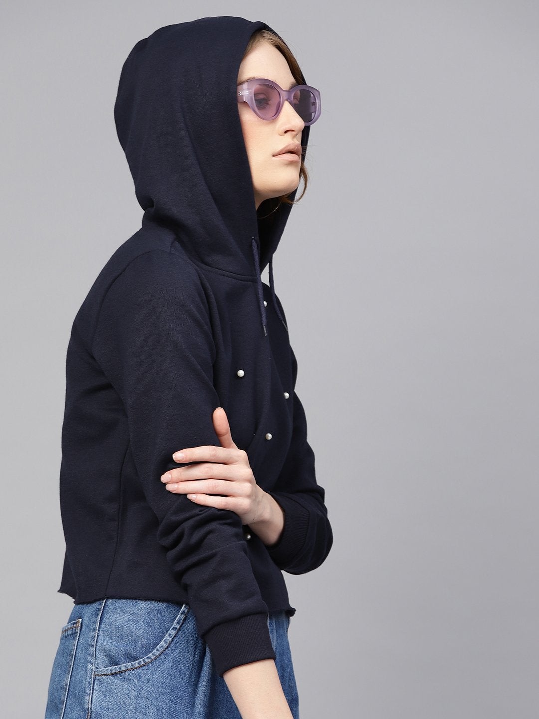 Women's Navy Pearl Crop Hoodie - SASSAFRAS