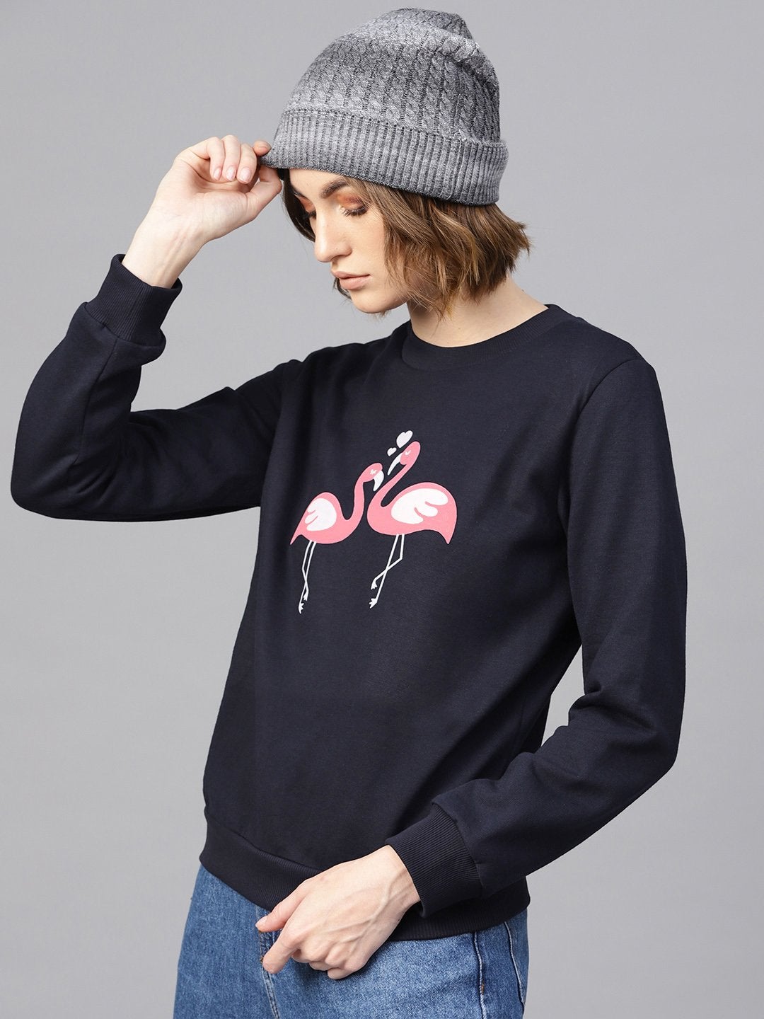 Women's Navy Flamingo Print Sweatshirt - SASSAFRAS