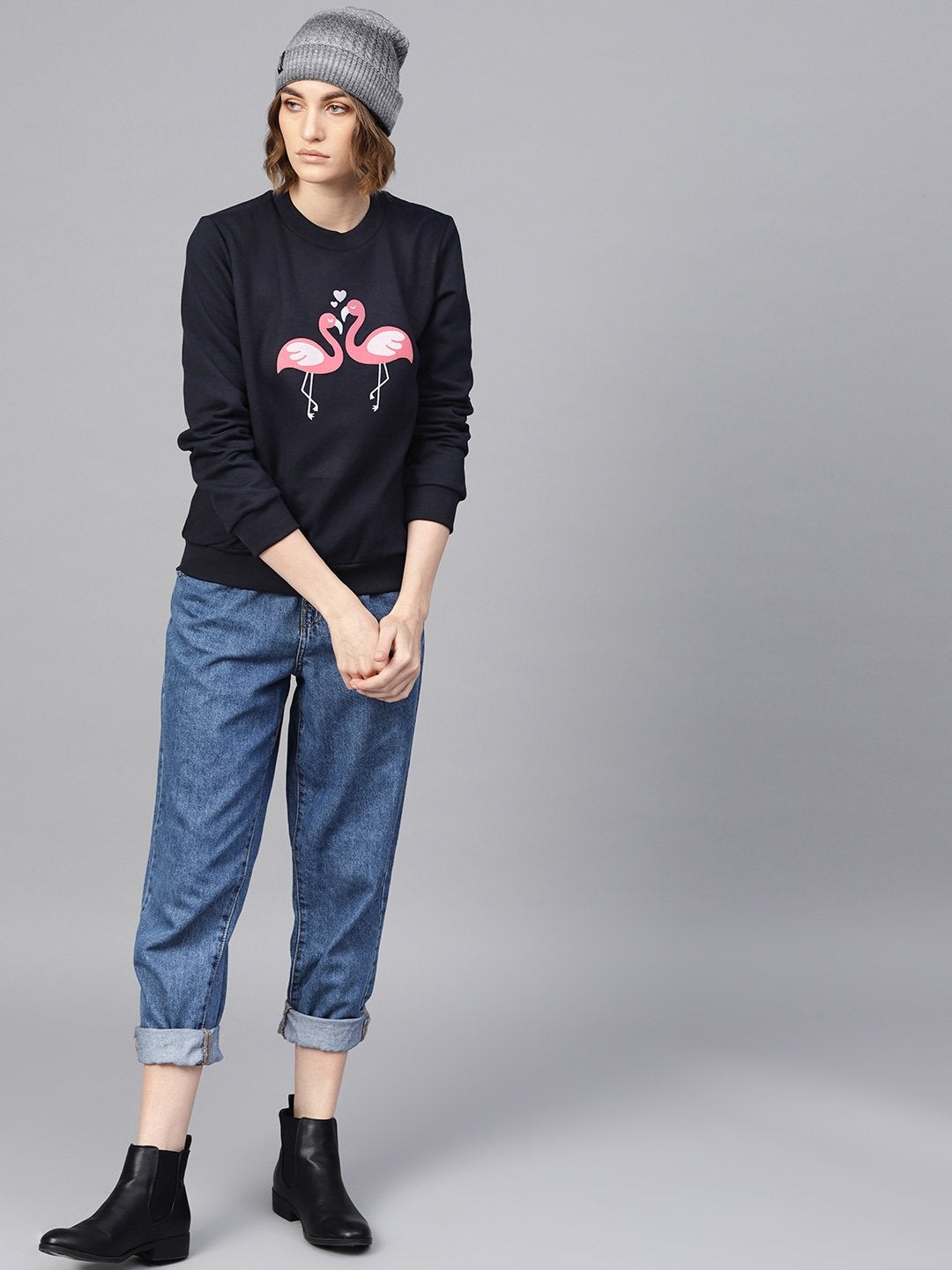 Women's Navy Flamingo Print Sweatshirt - SASSAFRAS