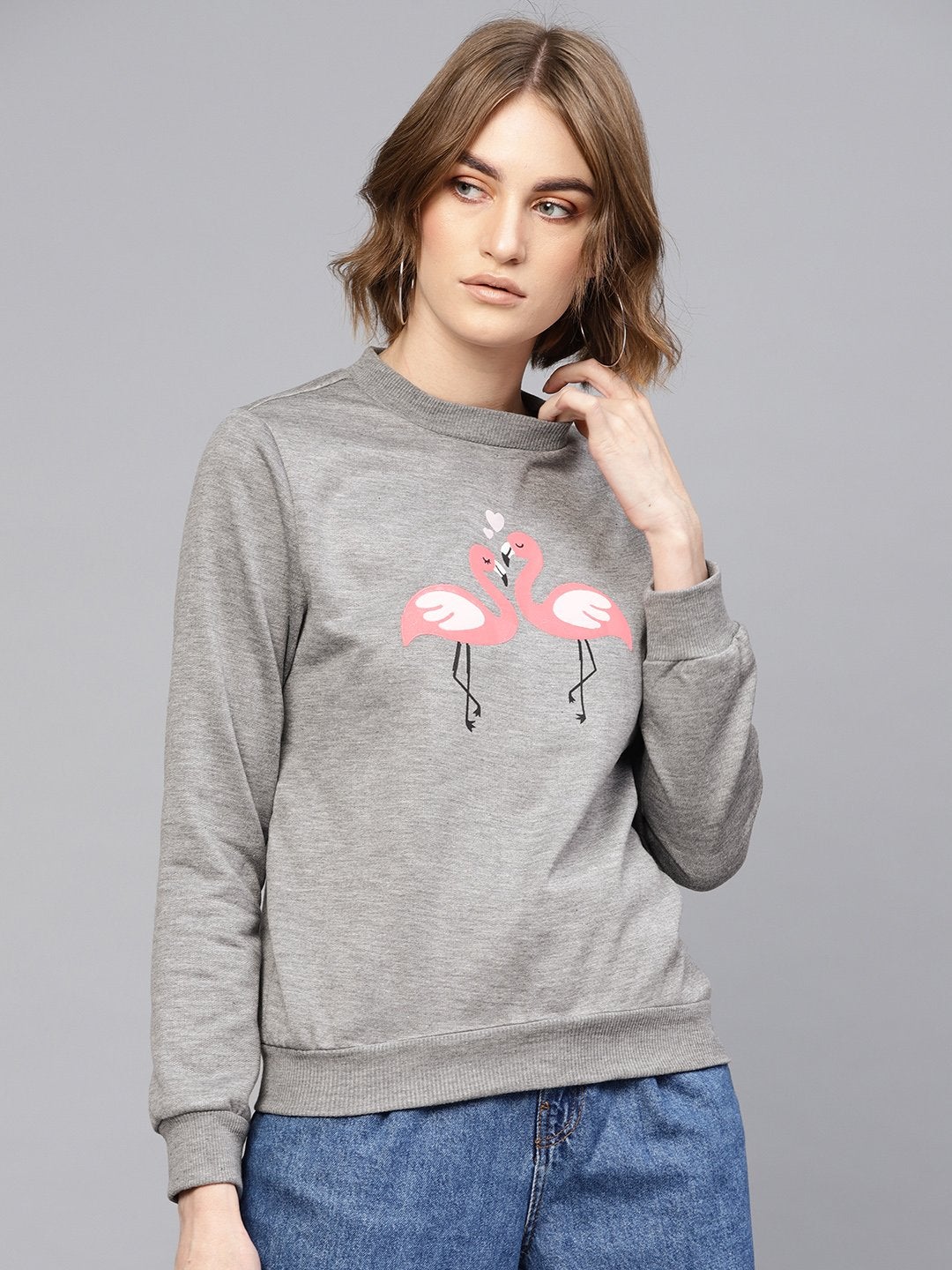 Women's Grey Flamingo Print Sweatshirt - SASSAFRAS