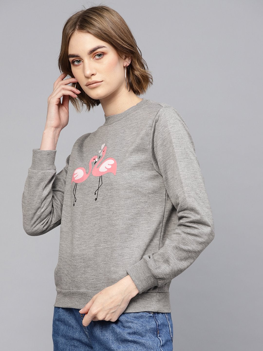 Women's Grey Flamingo Print Sweatshirt - SASSAFRAS