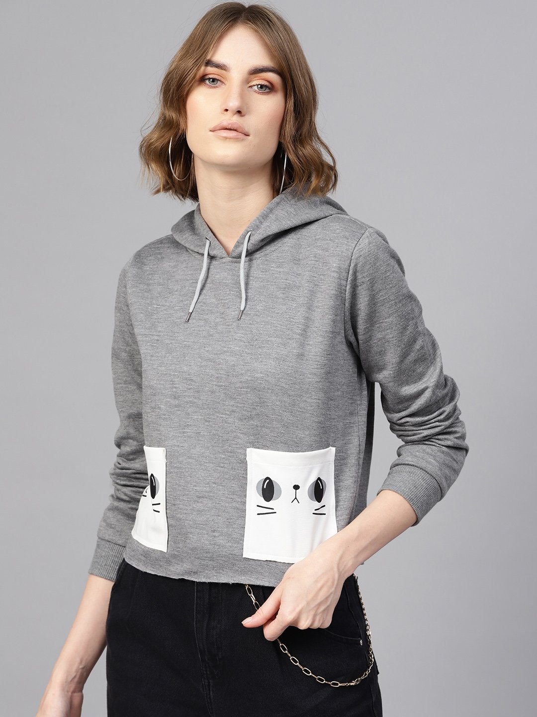 Women's Grey Printed Pocket Crop Hoodie - SASSAFRAS