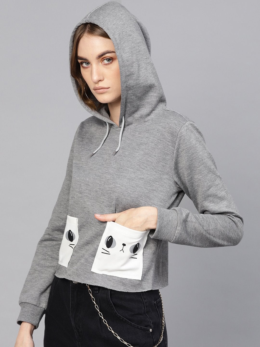 Women's Grey Printed Pocket Crop Hoodie - SASSAFRAS