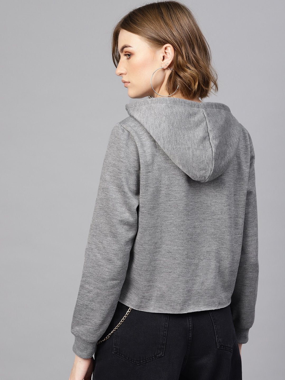 Women's Grey Printed Pocket Crop Hoodie - SASSAFRAS