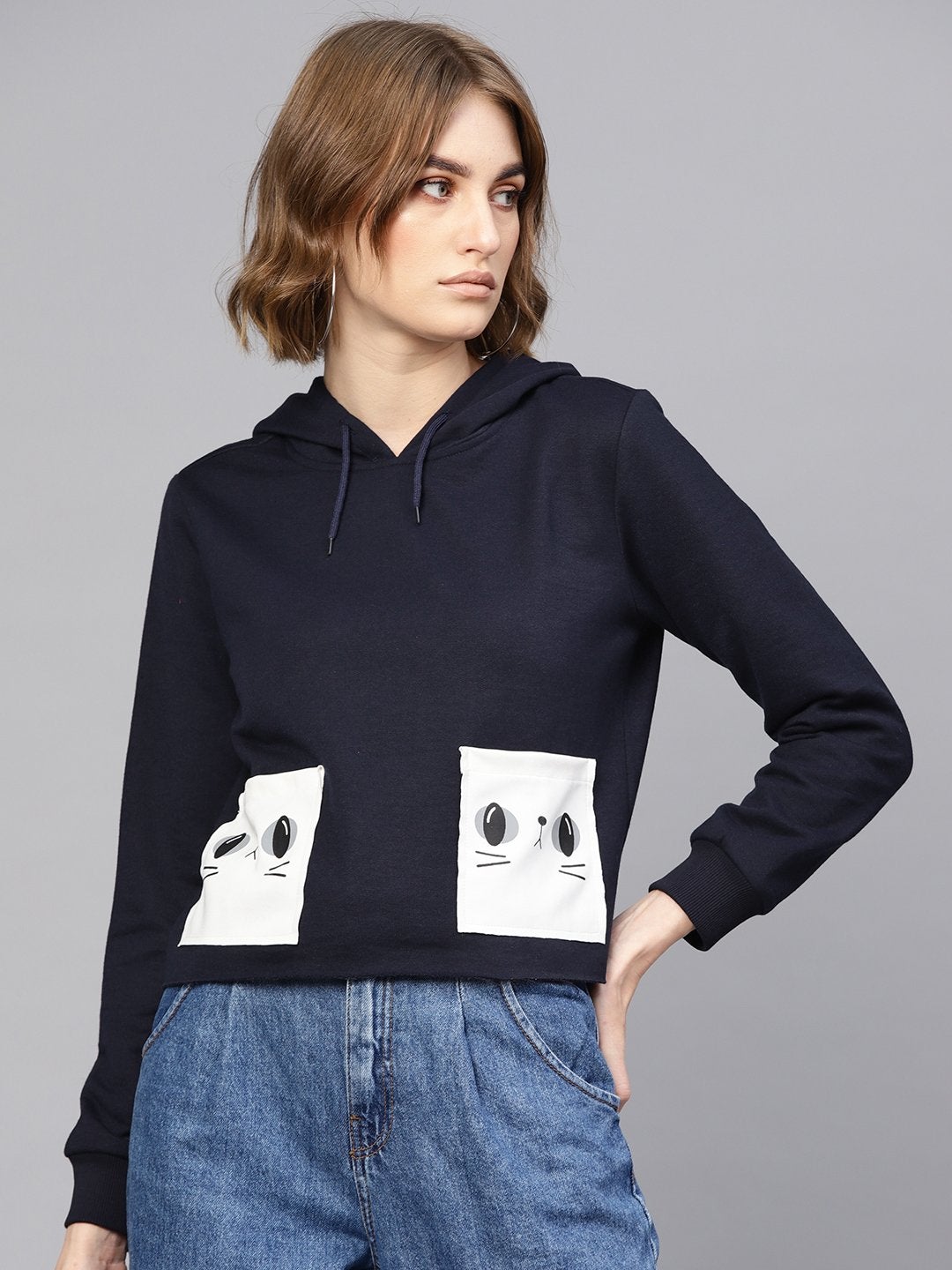 Women's Navy Printed Pocket Crop Hoodie - SASSAFRAS