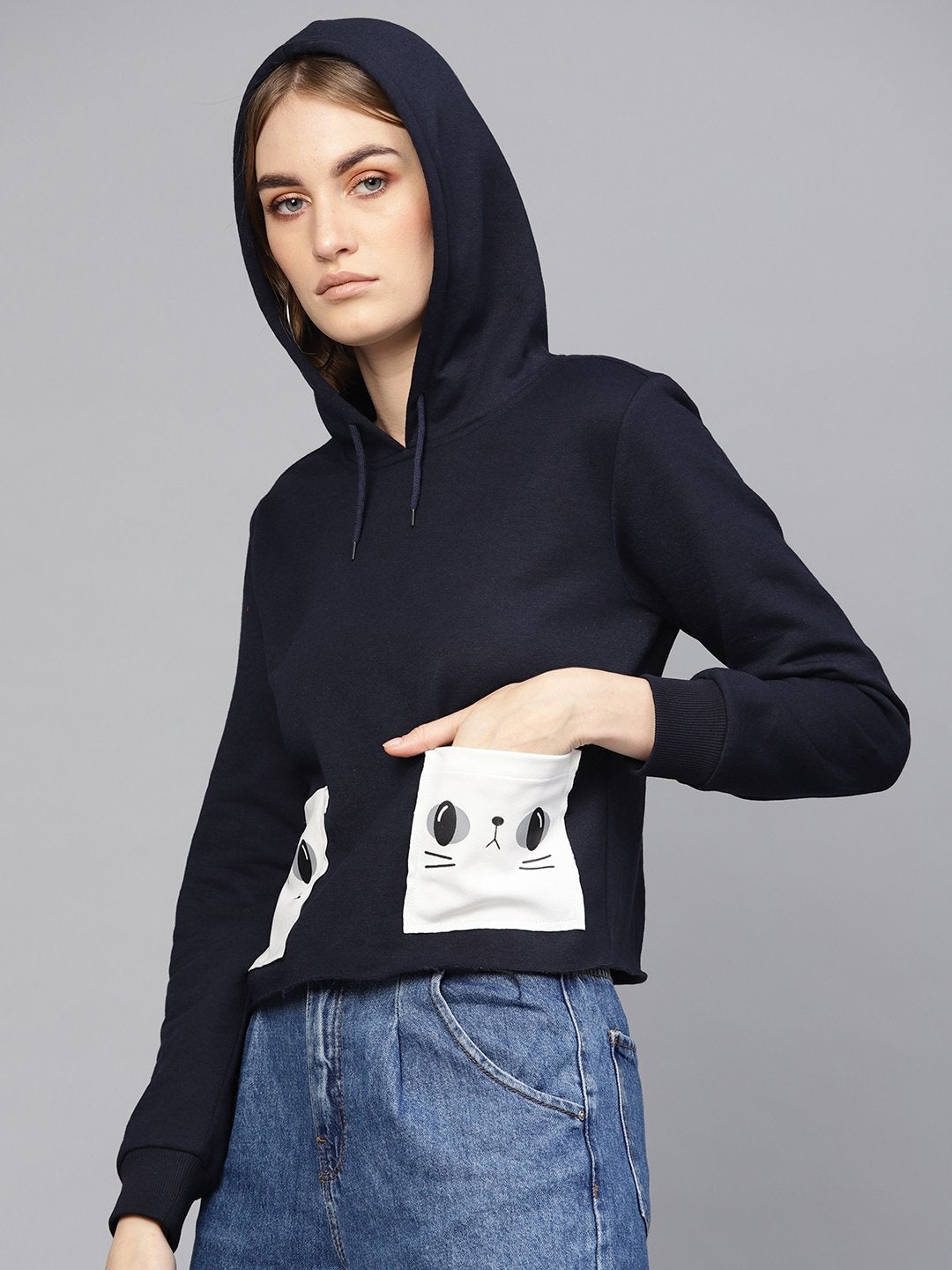 Women's Navy Printed Pocket Crop Hoodie - SASSAFRAS