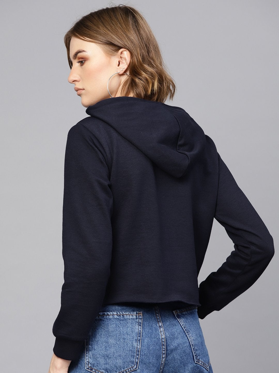 Women's Navy Printed Pocket Crop Hoodie - SASSAFRAS