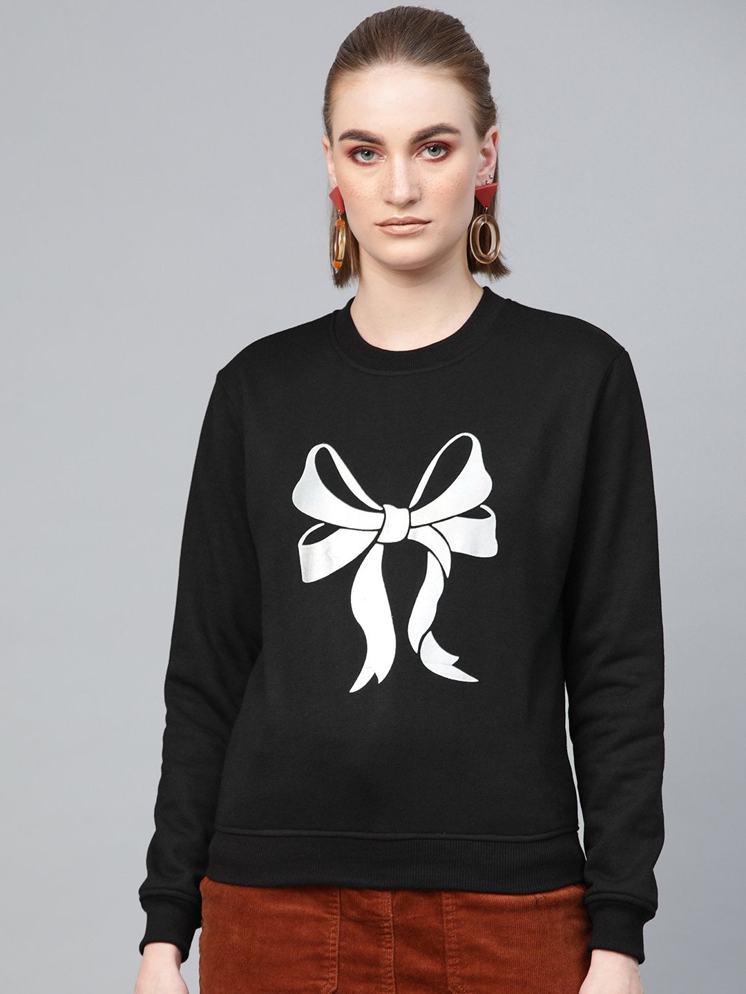 Women's Black Foil Bow Print Sweatshirt - SASSAFRAS