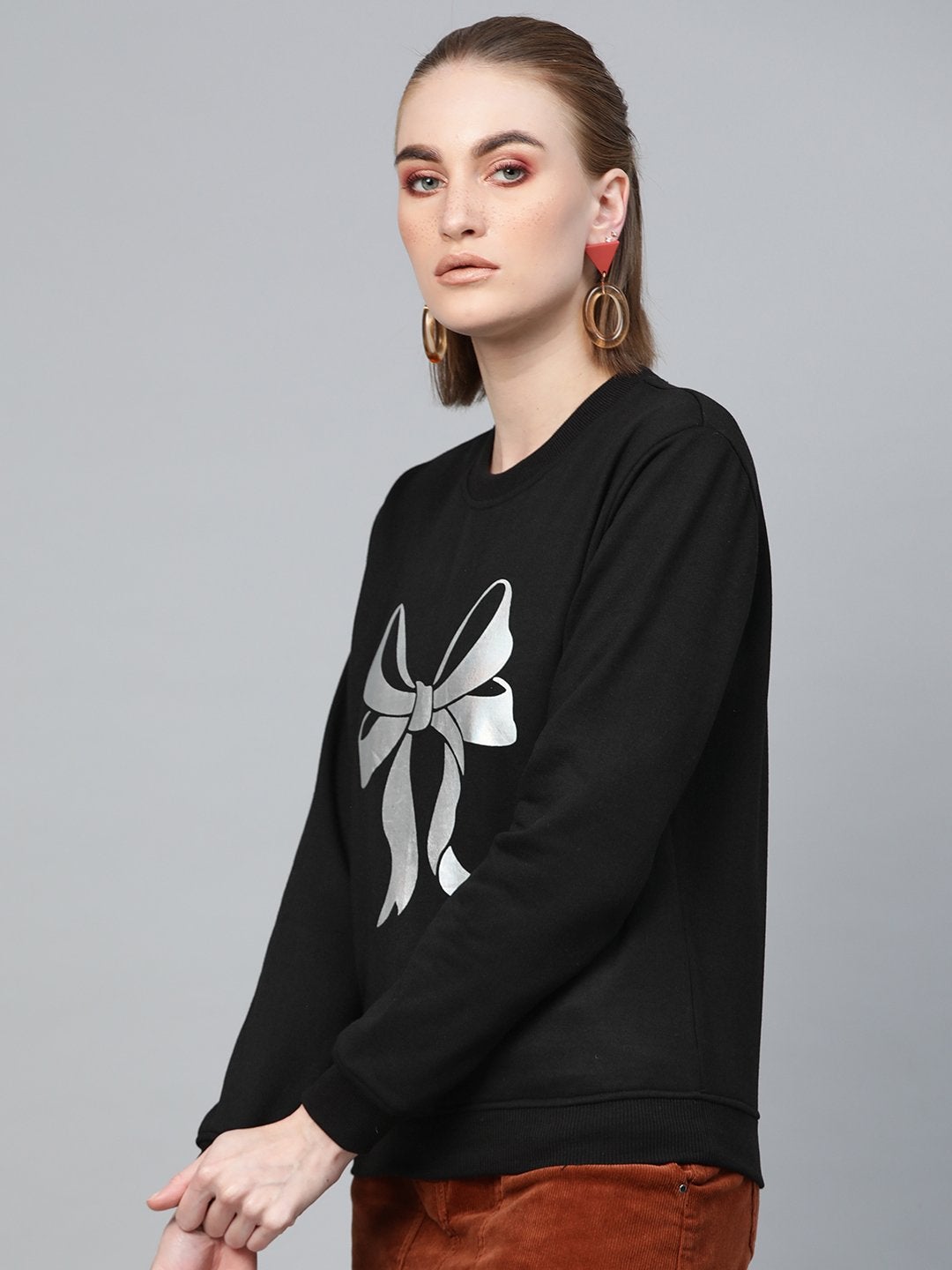 Women's Black Foil Bow Print Sweatshirt - SASSAFRAS