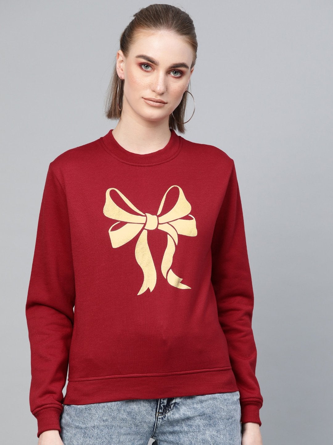 Women's Maroon Foil Bow Print Sweatshirt - SASSAFRAS