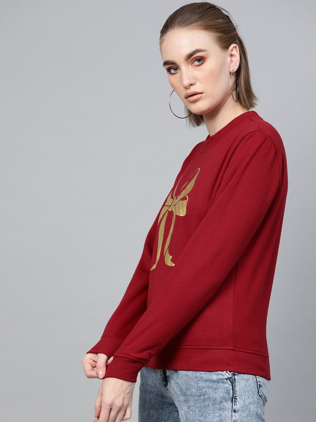 Women's Maroon Foil Bow Print Sweatshirt - SASSAFRAS