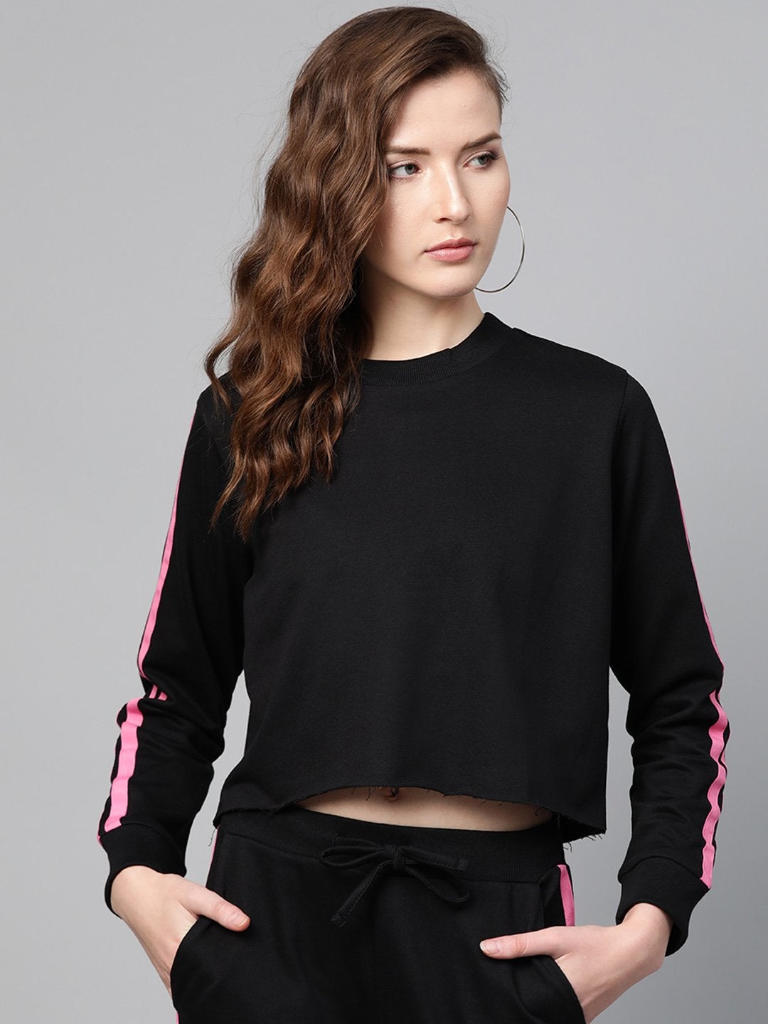 Women's Black Double Tape Boxy Crop Sweatshirt - SASSAFRAS