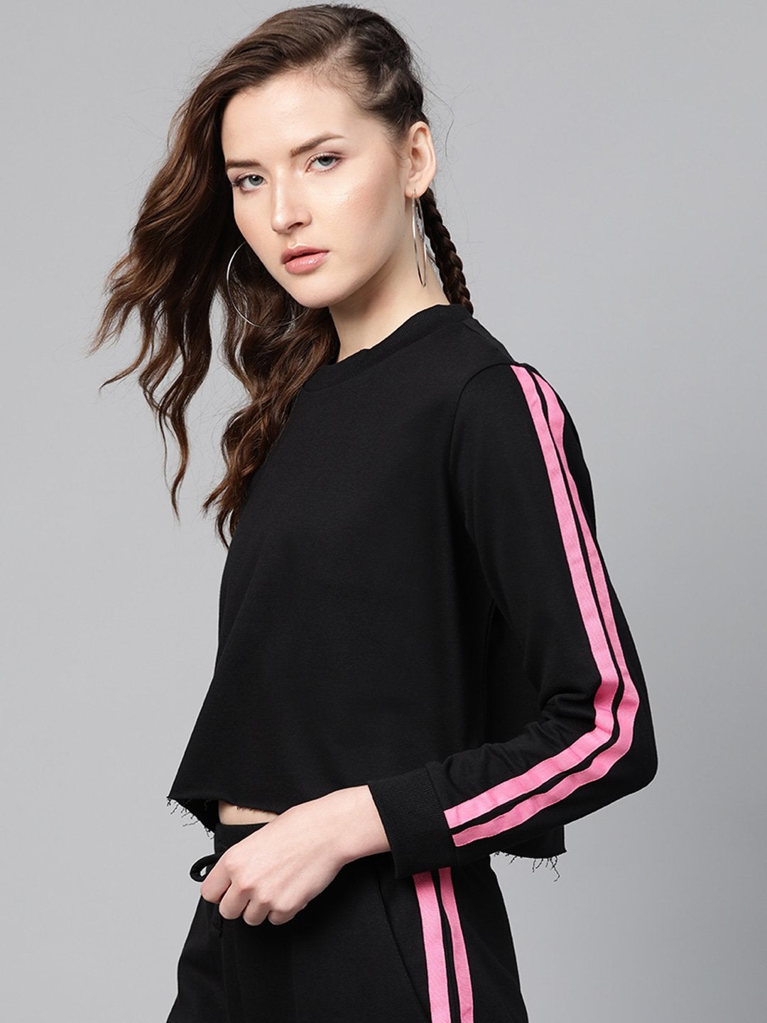 Women's Black Double Tape Boxy Crop Sweatshirt - SASSAFRAS