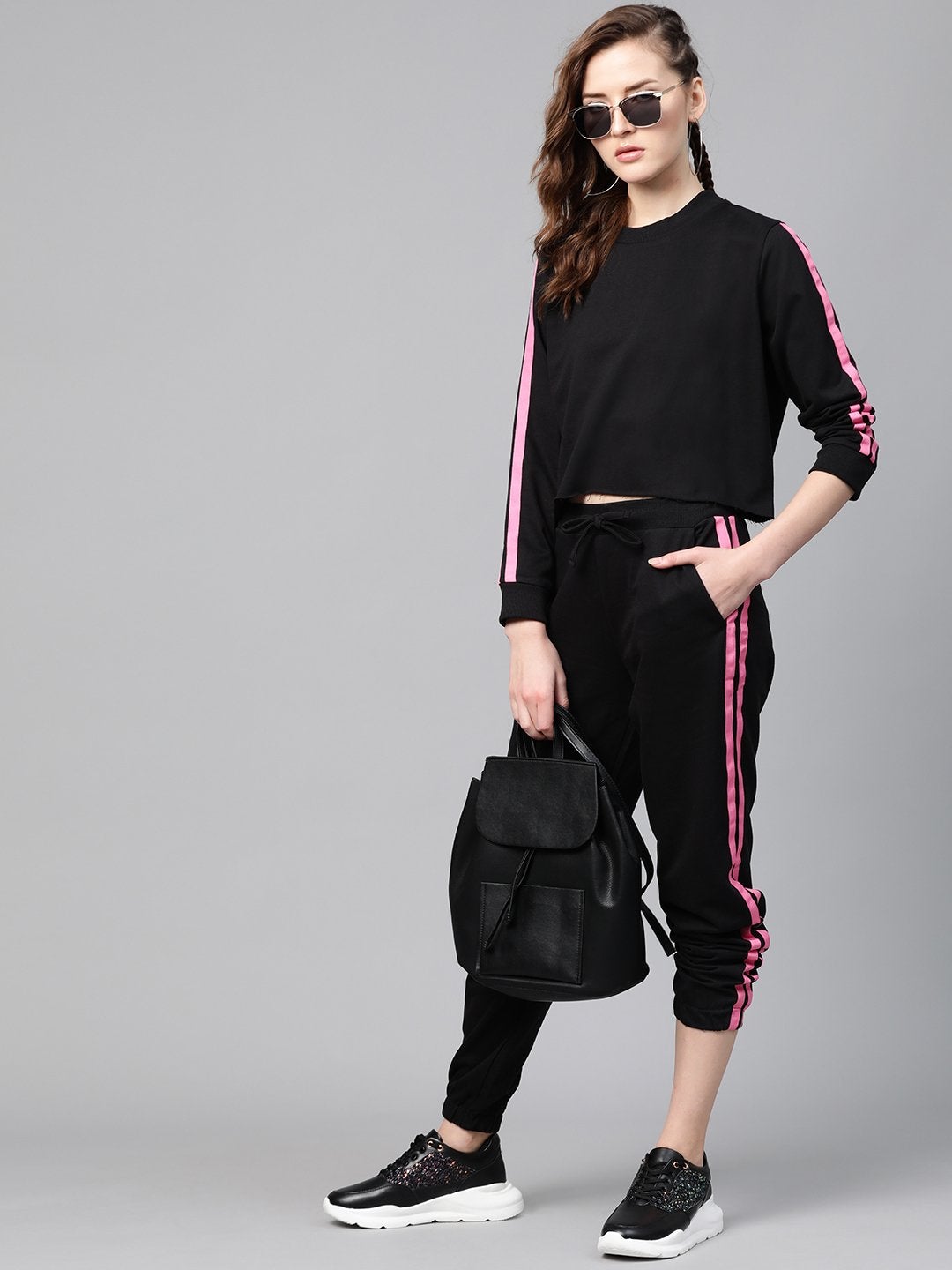 Women's Black Double Tape Boxy Crop Sweatshirt - SASSAFRAS