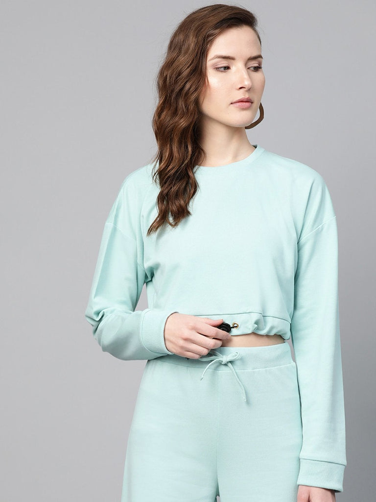 Women's Sea Green Drawstring Crop Sweatshirt