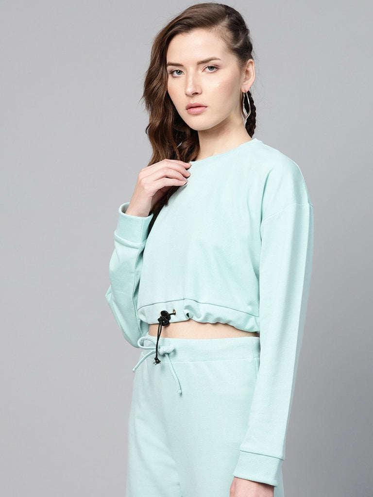 Women's Sea Green Drawstring Crop Sweatshirt