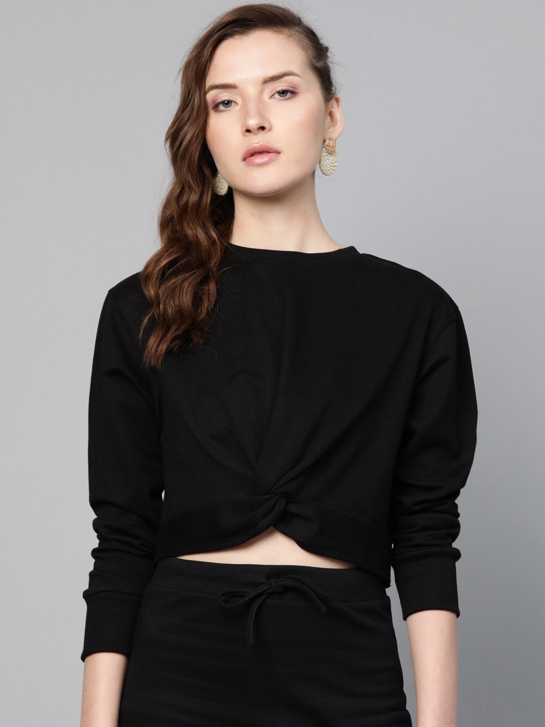 Women's Black Terry Twisted Crop Sweatshirt - SASSAFRAS