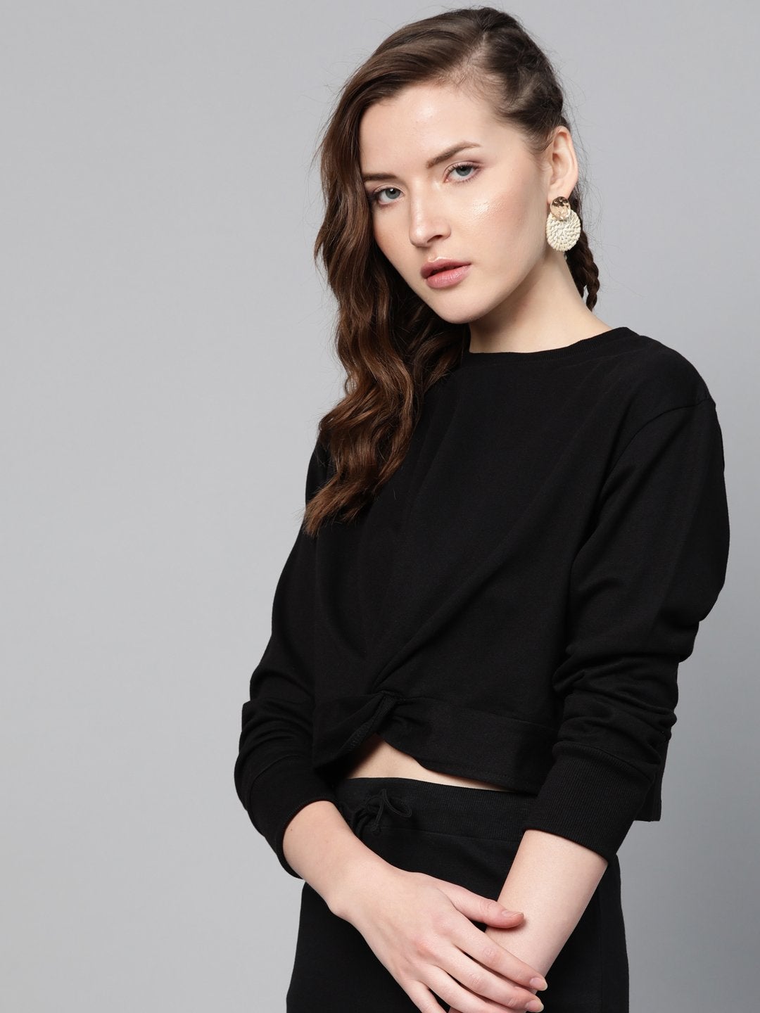 Women's Black Terry Twisted Crop Sweatshirt - SASSAFRAS