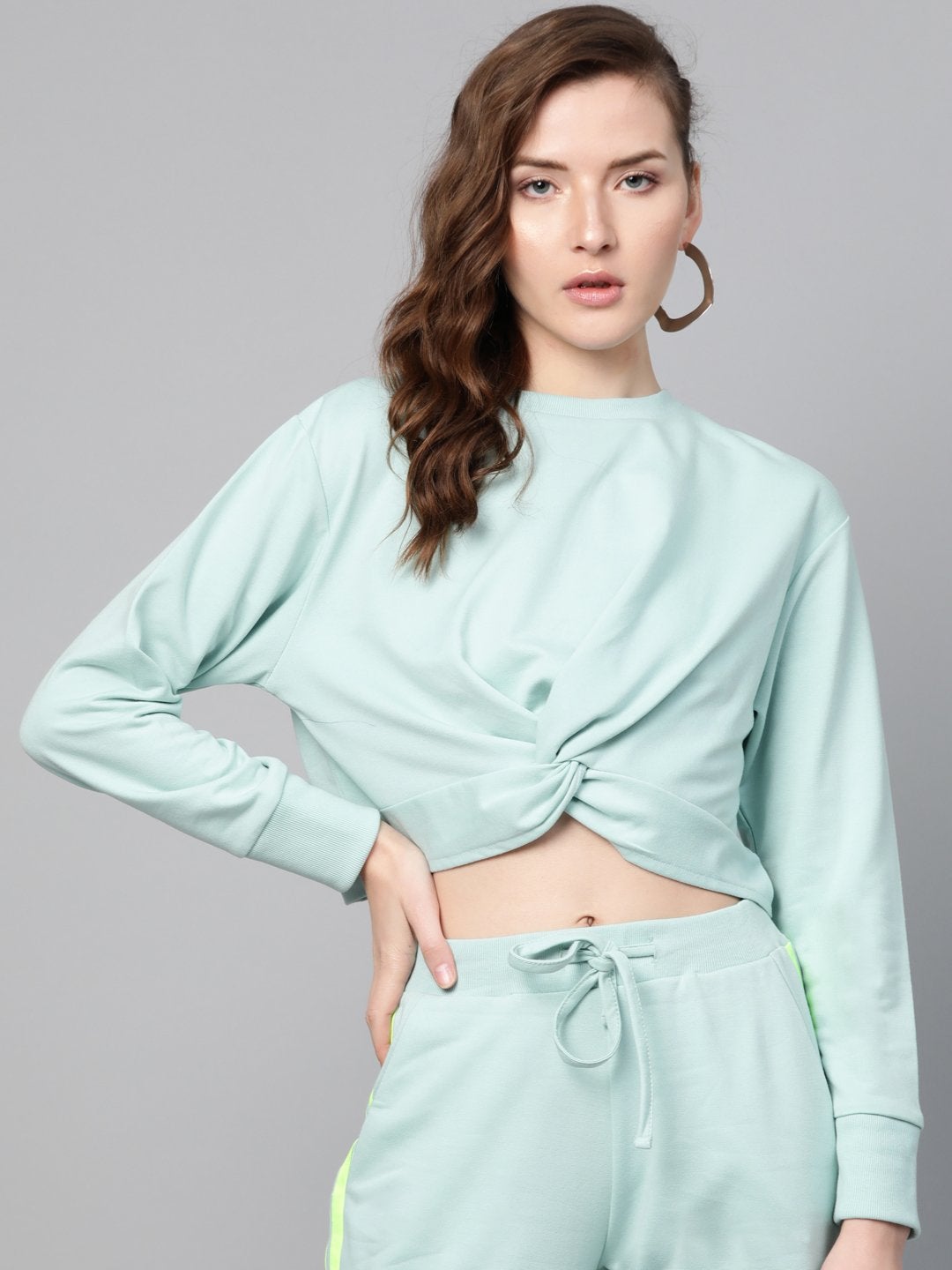 Women's Sea Green Terry Twisted Crop Sweatshirt - SASSAFRAS