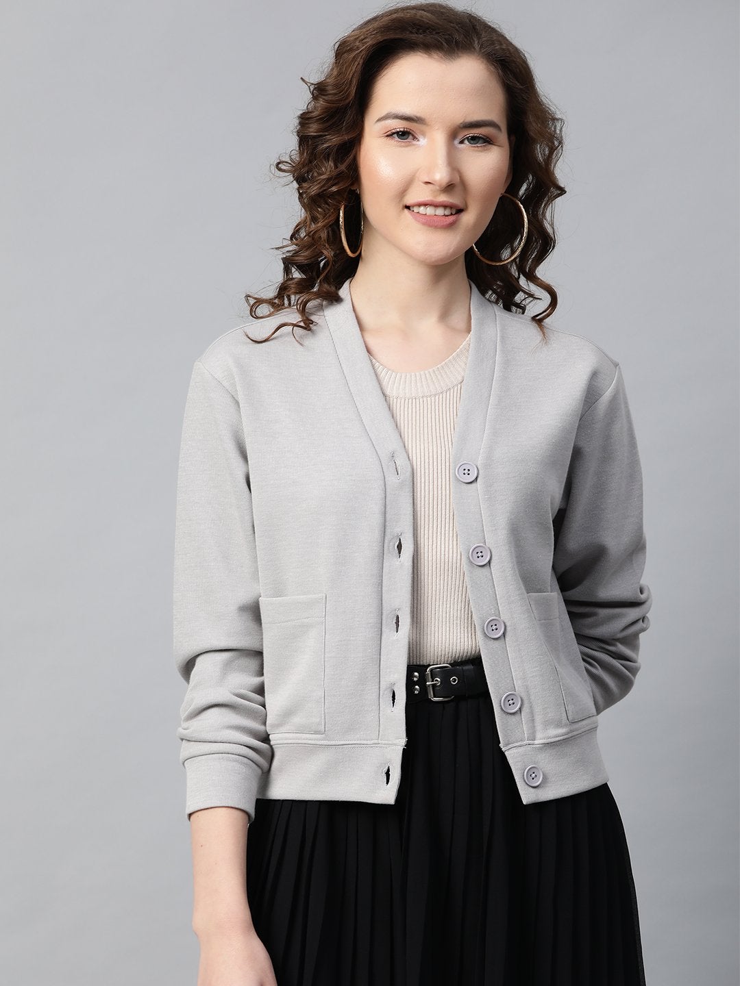 Women's Grey Front Button Cardigan - SASSAFRAS