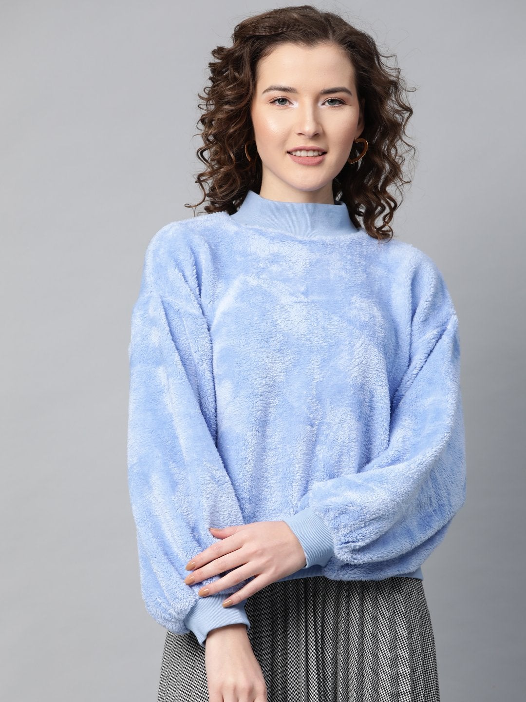 Women's Blue Balloon Sleeve Faux Fur Sweatshirt