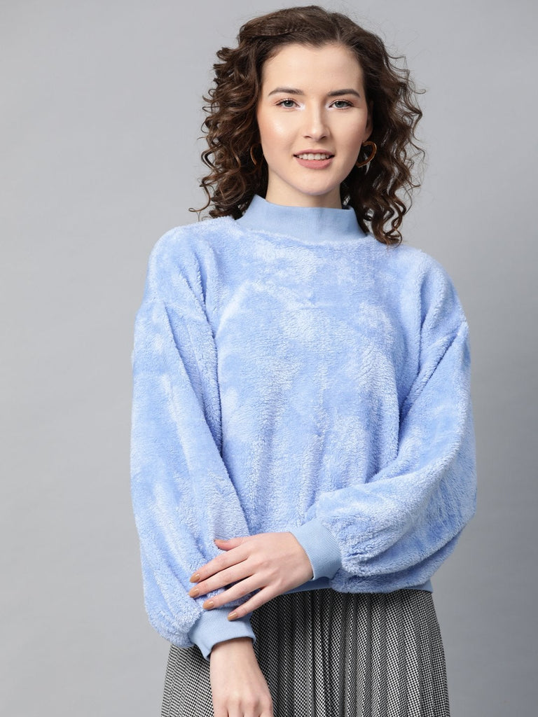 Women's Blue Balloon Sleeve Faux Fur Sweatshirt