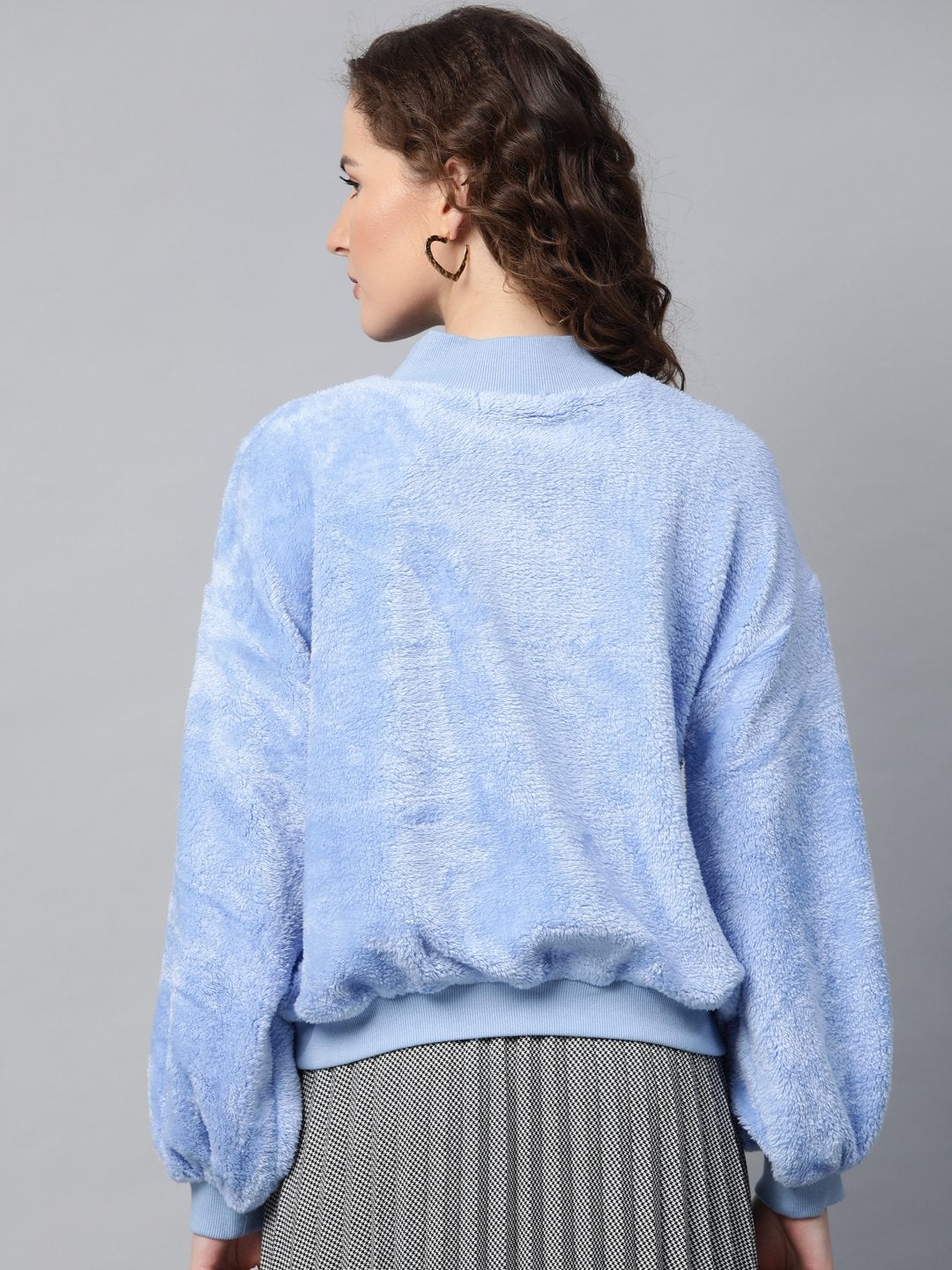 Women's Blue Balloon Sleeve Faux Fur Sweatshirt - SASSAFRAS