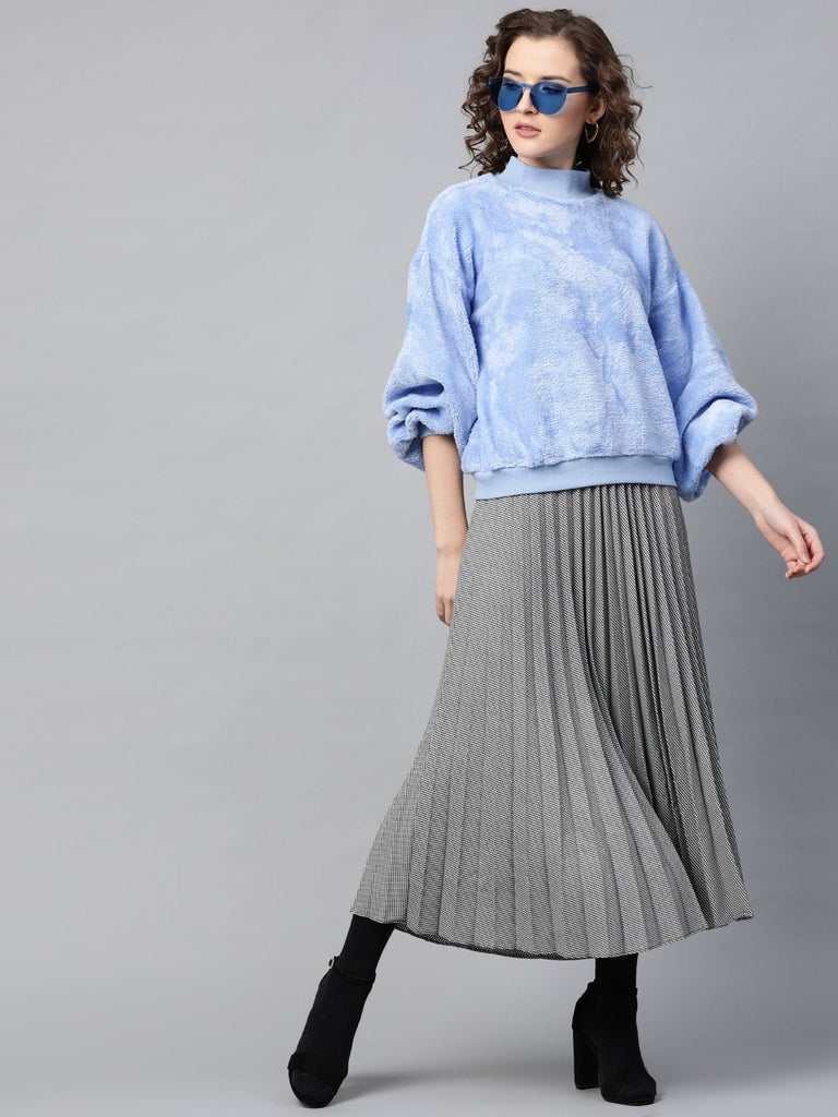 Women's Blue Balloon Sleeve Faux Fur Sweatshirt