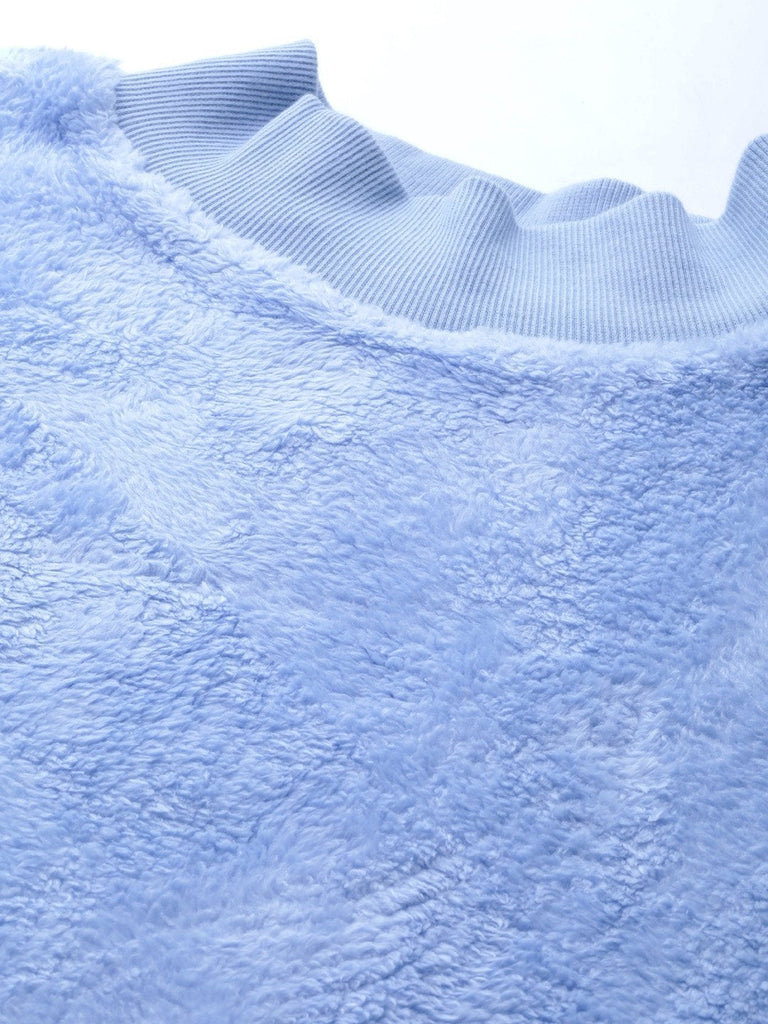 Women's Blue Balloon Sleeve Faux Fur Sweatshirt