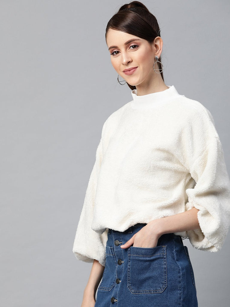 Women's White Balloon Sleeve Faux Fur Sweatshirt