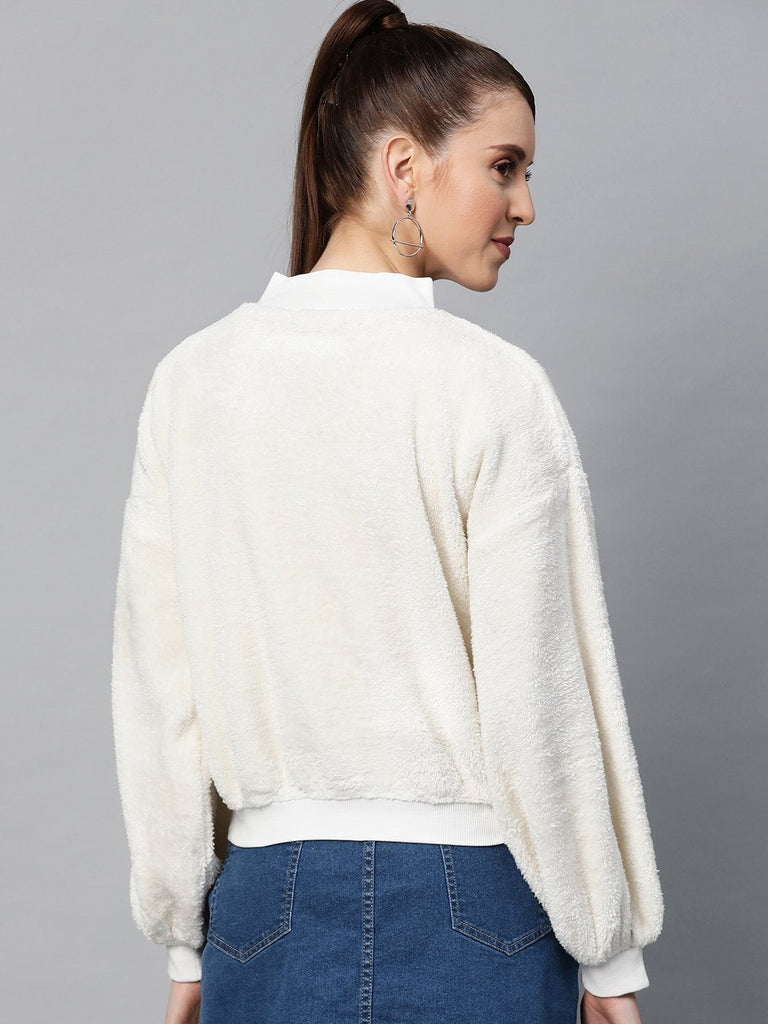 Women's White Balloon Sleeve Faux Fur Sweatshirt