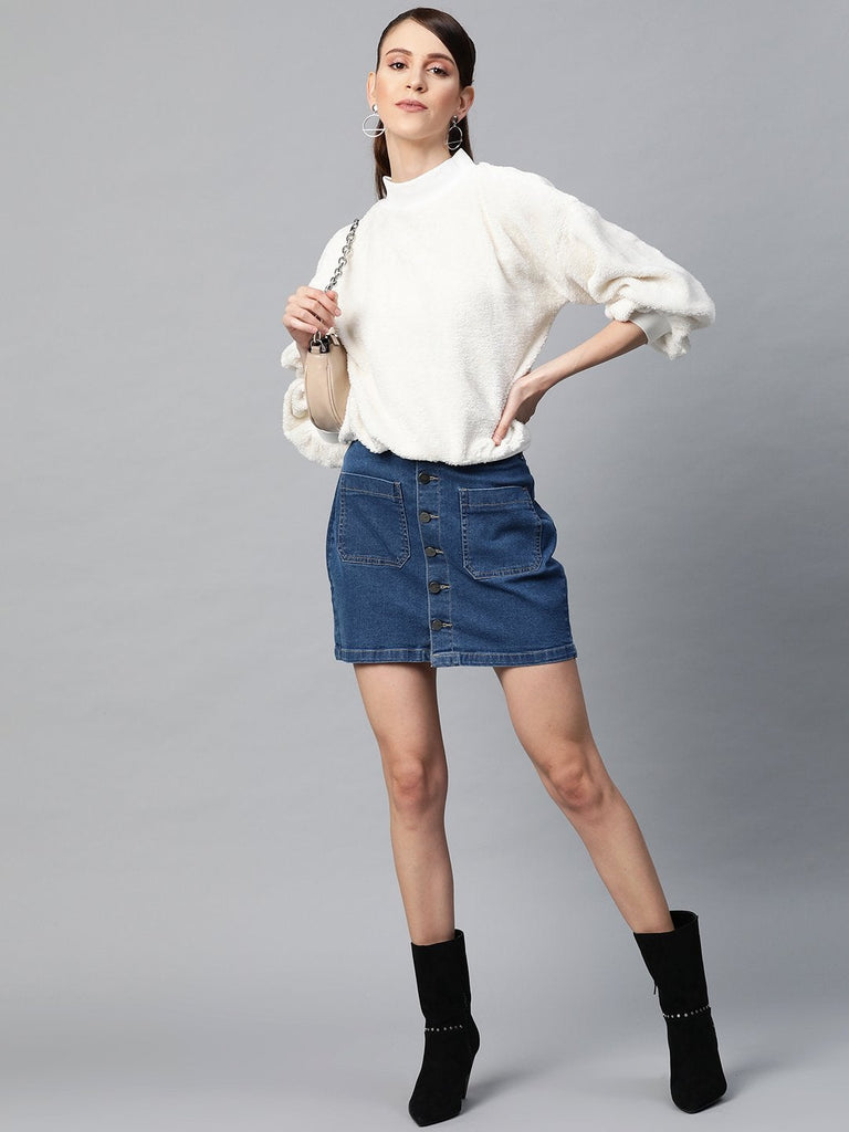 Women's White Balloon Sleeve Faux Fur Sweatshirt
