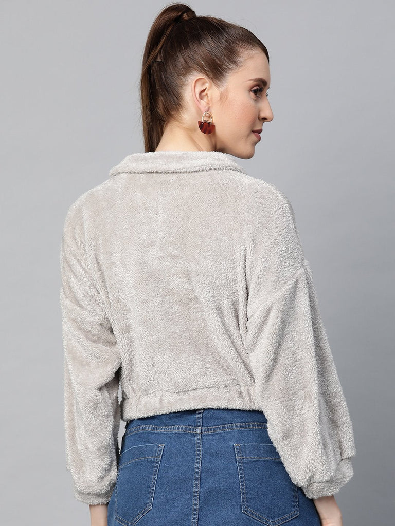 Women's Grey  Zip Front Faux Fur Crop Sweatshirt