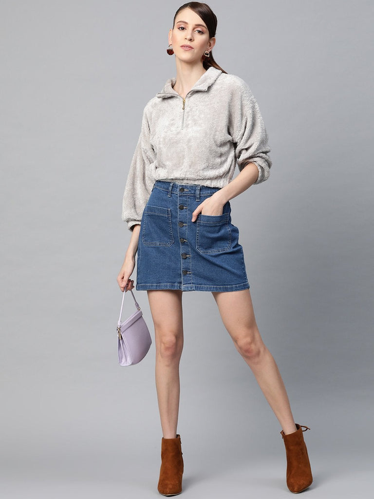 Women's Grey  Zip Front Faux Fur Crop Sweatshirt