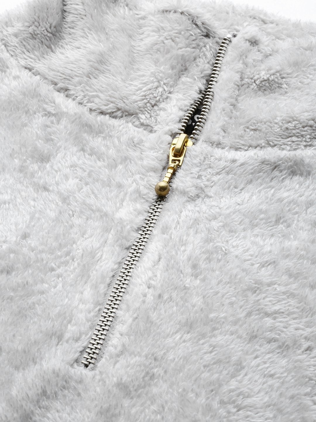 Women's Grey  Zip Front Faux Fur Crop Sweatshirt - SASSAFRAS