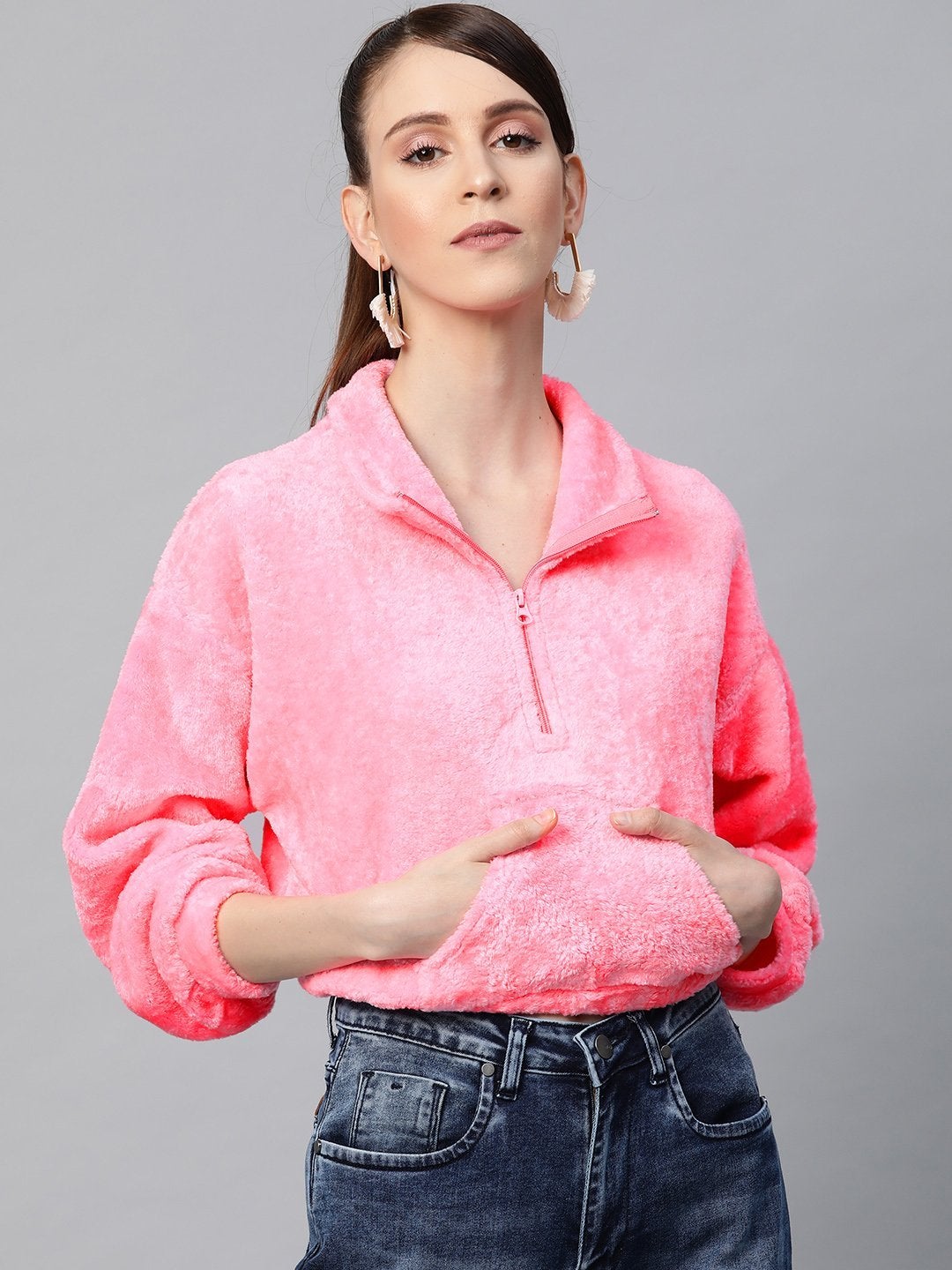 Women's Pink Kangaroo Pocket Faux Fur Crop Sweatshirt - SASSAFRAS