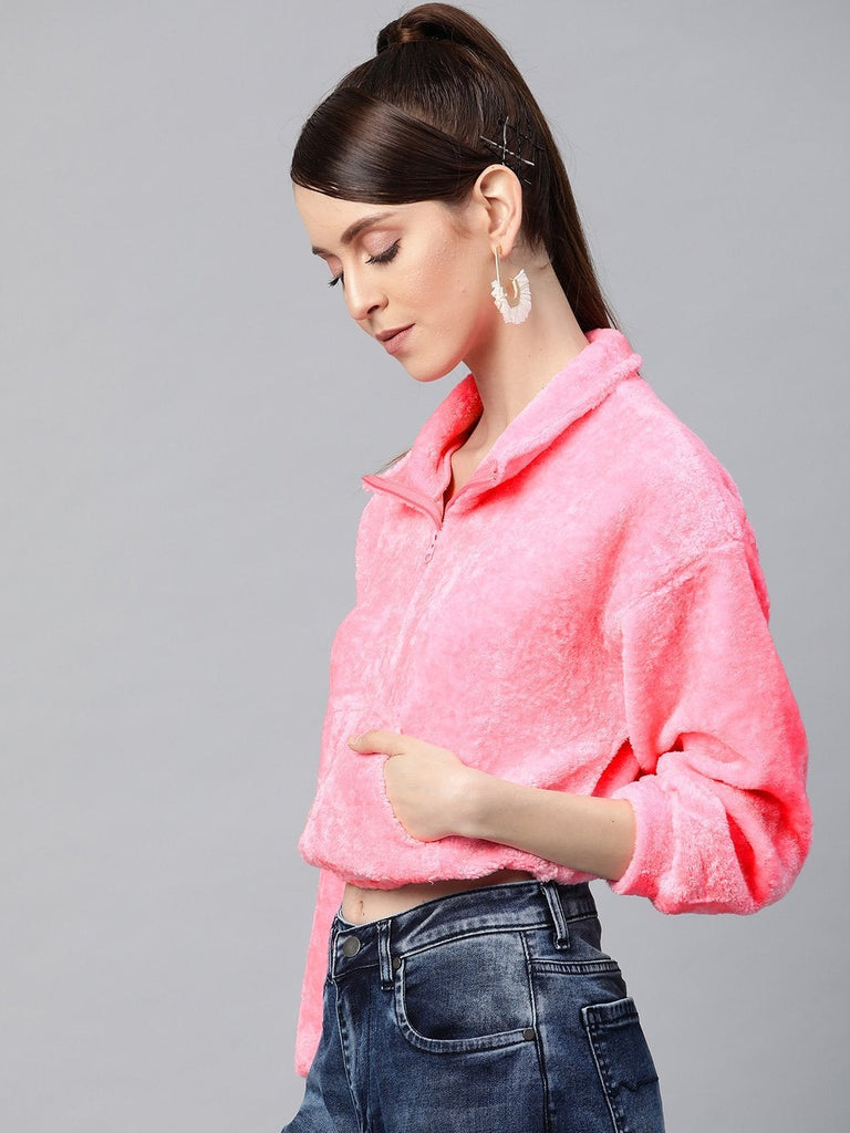 Women's Pink Kangaroo Pocket Faux Fur Crop Sweatshirt